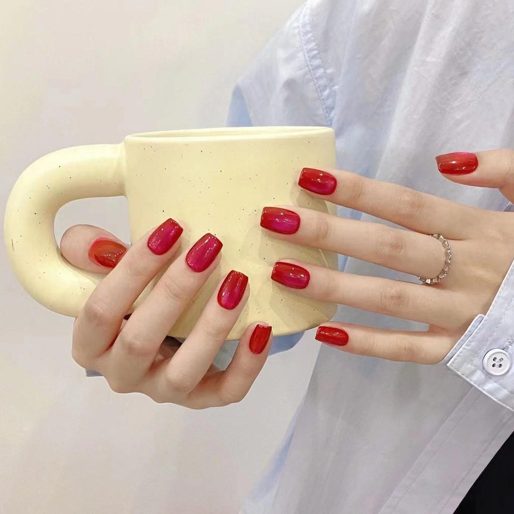 EL YAPIMI Yapay Tırnak Ejder Meyvesi Cam Boncuklar Kedi Gözü Erik Sosu Kristal Sahte Tırnak Seti Yapıştırıcılı Yeniden Kullanılabilir ve Çıkarılabilir Takma Tırnaklar