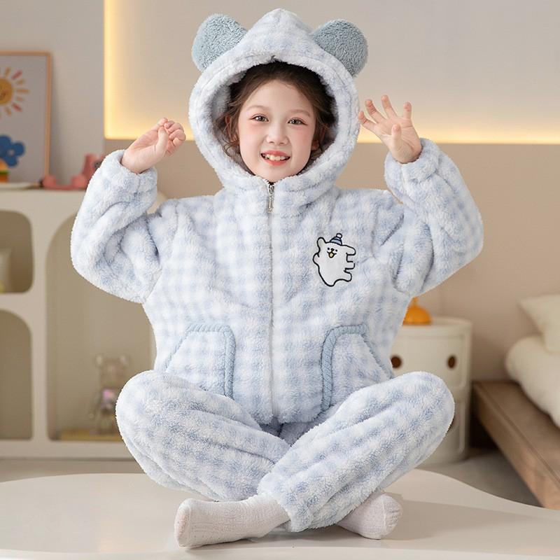 Girls Winter Warm Coral Fleece Hooded Pajama Set With Cat Print Thick Flannel Sleepwear Ages 8
