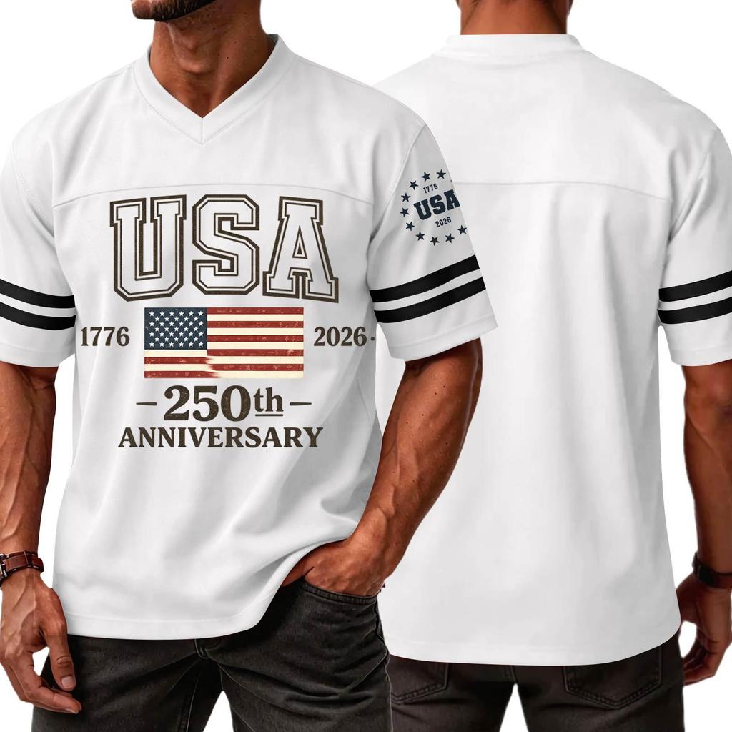 Men's V Neck Short Sleeve Sports T Shirt with USA 250th Anniversary 1776 2026 Print Casual Fashion Jersey Style Top