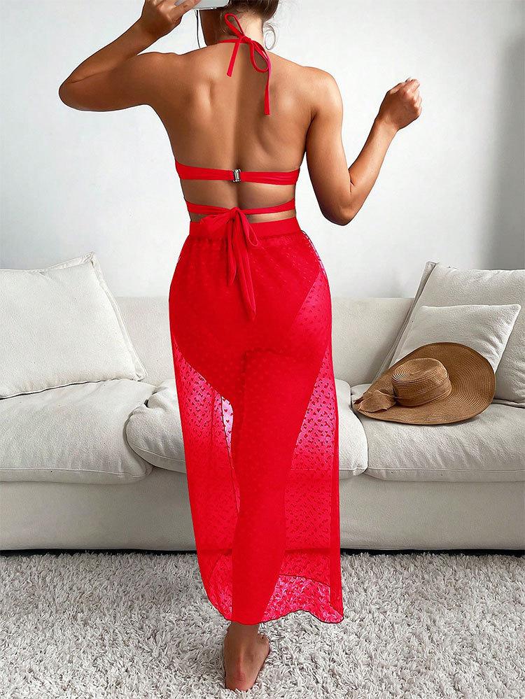 Women Solid Sexy Mesh Three Piece Bikini Swimsuit Beach Swimwear