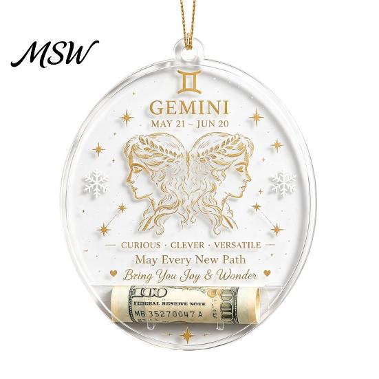 Hanging Decor for Showcase Christmas Tree Money Holder Pendant, Transparent Acrylic Round Ornament, 12 Holiday Gift Tags Zodiac Signs Theme Decorative