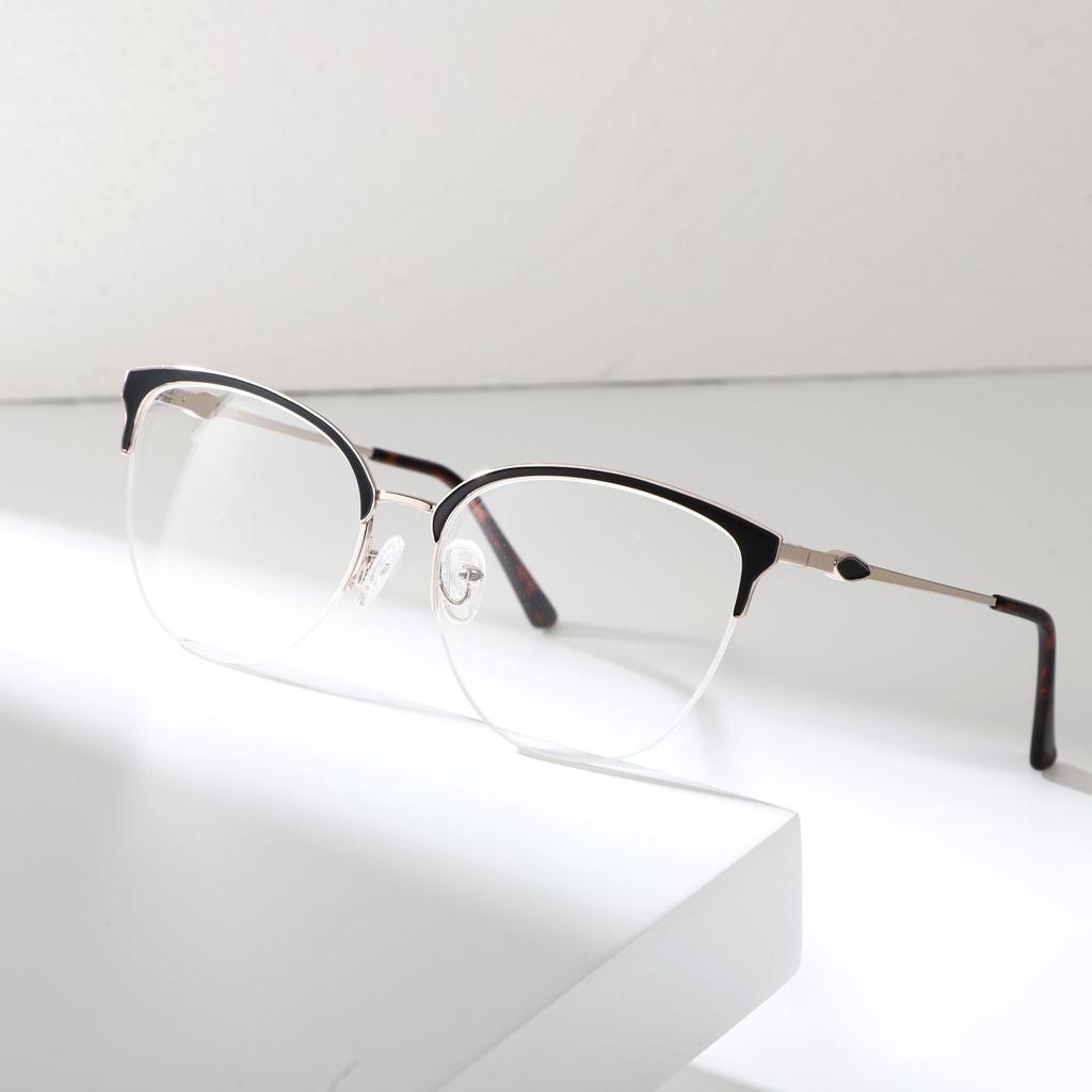Metal Half-Frame Glasses Frame, High-End Men'S Plain Glasses Frame, Versatile Cat Ear Myopia Glasses