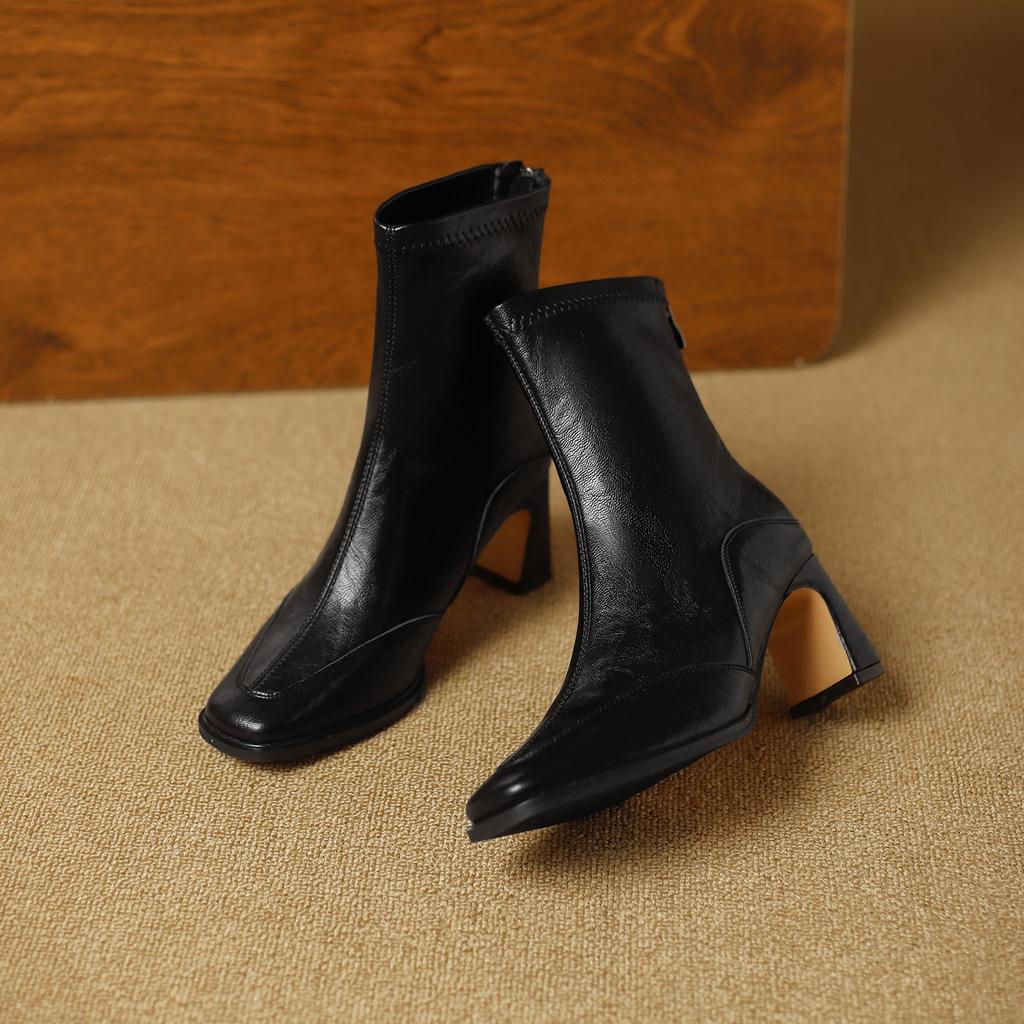 French Retro Square Head High-heeled Short Boots Women's Autumn New Rear Zipper Soft Leather Fashion Temperament Versatile Commuter Martin Boots