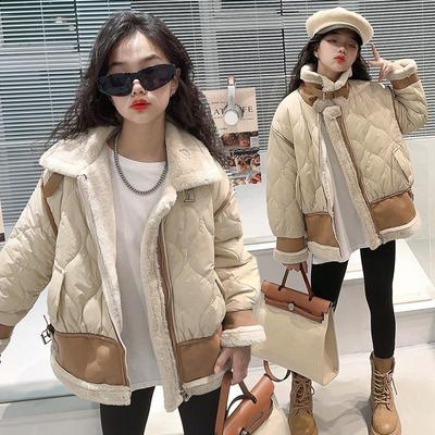 Girls Patchwork Cotton Padded Coat Autumn Winter Fur One Wool Patchwork Cotton-padded Coat Fashion