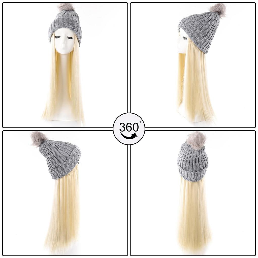 Women's Winter Wig Hat Knitted Hat Long Wave Straight Hair Synthetic Hat Wig