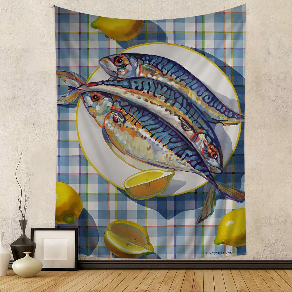 VIKAMA Summer Ocean Art Tapestry Scandinavian Style Fish Images Living Room Sofa Background Wall Modern Minimalist Decoration