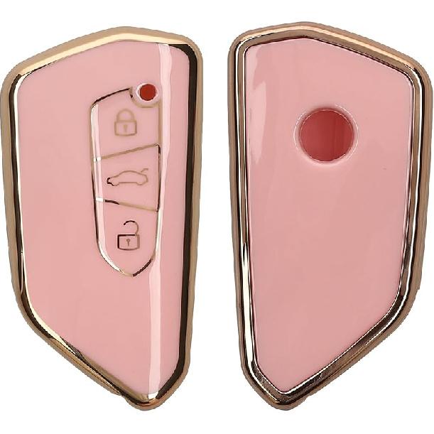 kwmobile Key Cover Compatible with VW Golf 8 3 Button Car Key - Car Key Fob Case Protector - Pink/Gold pink / gold