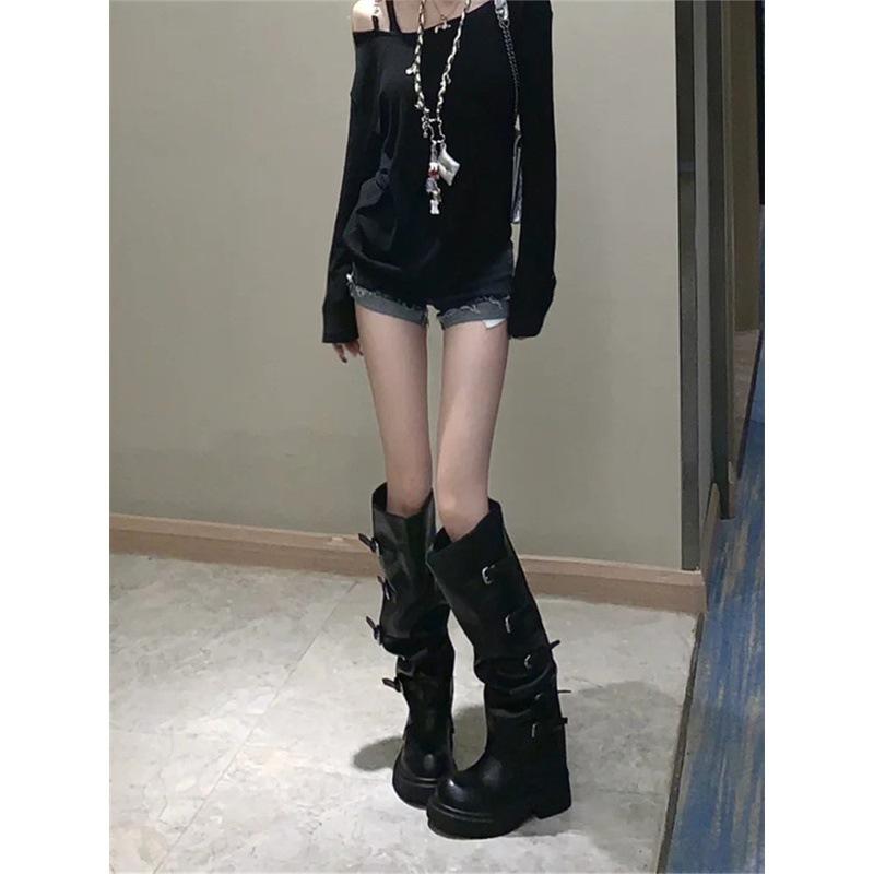 Small thick-soled black long knight boots women's 2025 spring and summer new design pleated stacking boots