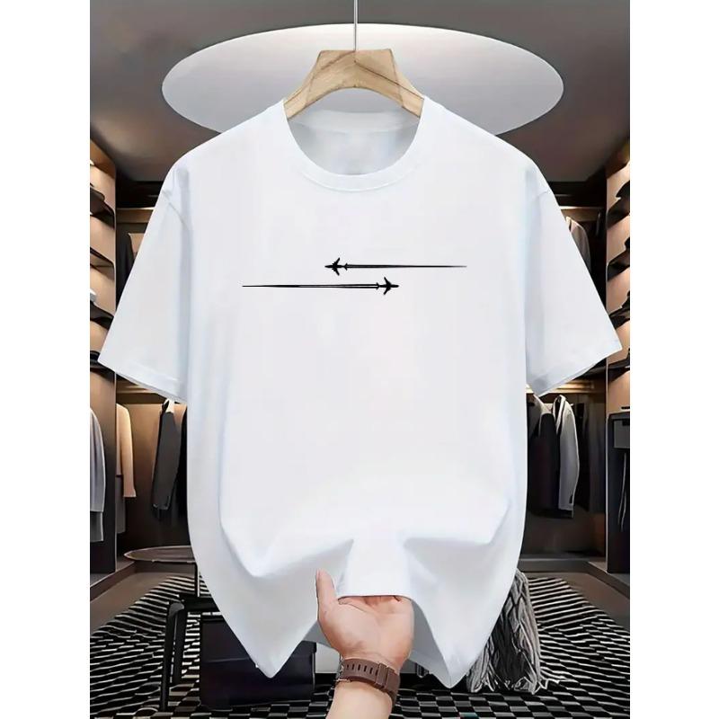 Summer Men's 100% Cotton Casual Loose Large Creative Airplane Pattern Printed Comfortable Sports Round Neck Short Sleeve T-shirt