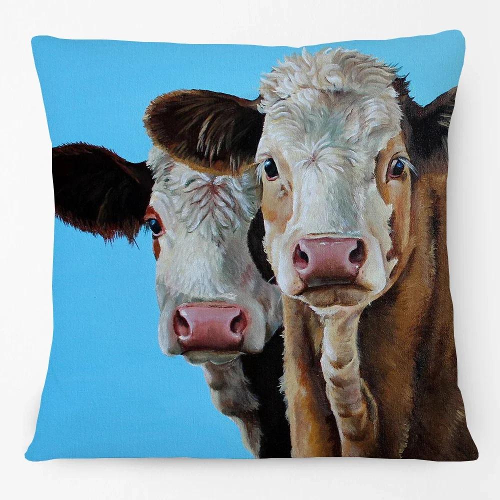 Oil Painting Farm Animals Poster Cushion Cover Cow Sheep Goat Rustic Style Home Decorative Square Pillow Case