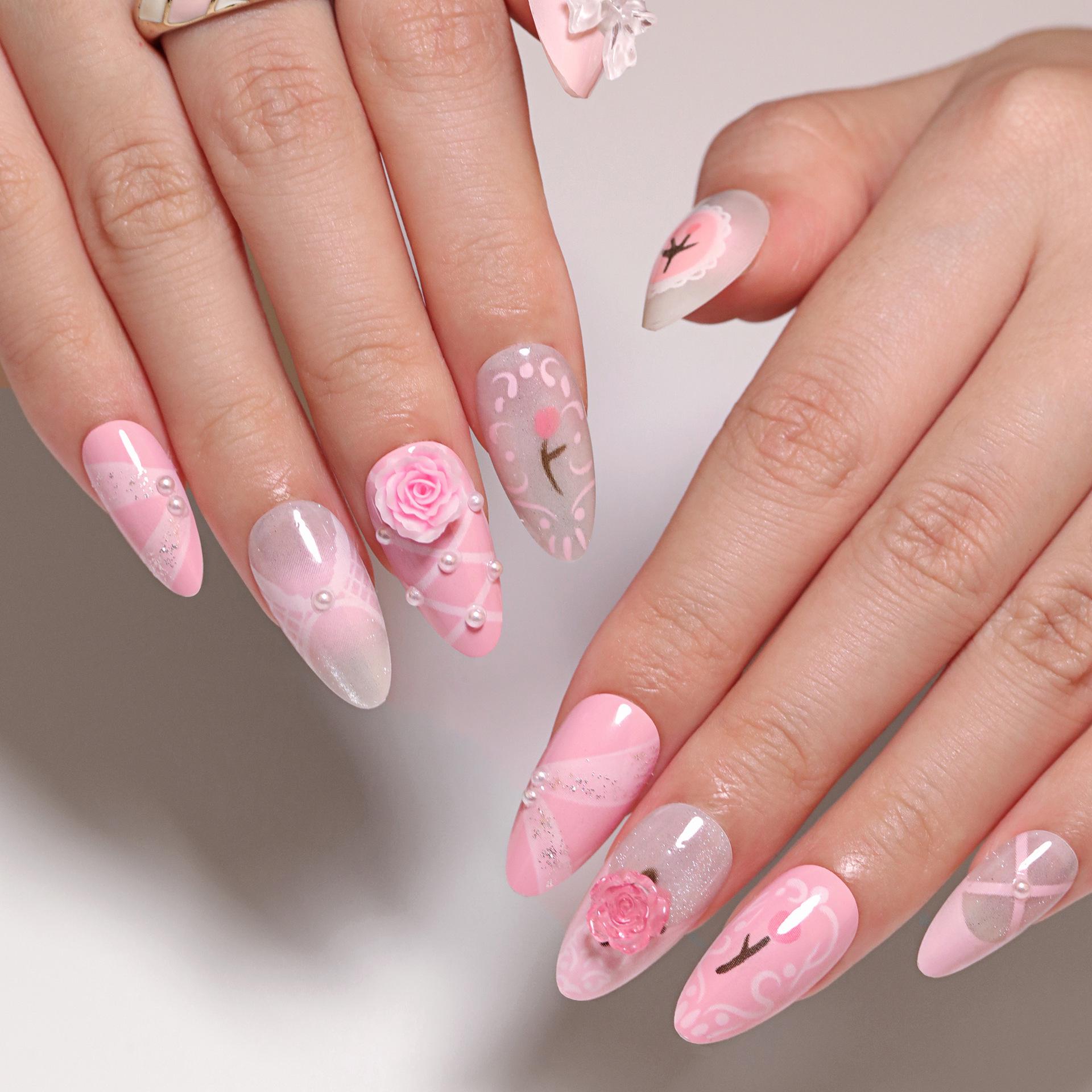 

French 3D Flower Girl Pink Press-On Nails with Tulip and Ribbon Design JP3405 [With Glue]