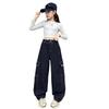 Girls' Autumn Casual Cargo Pants - Wide-Leg Denim Jeans for Kids