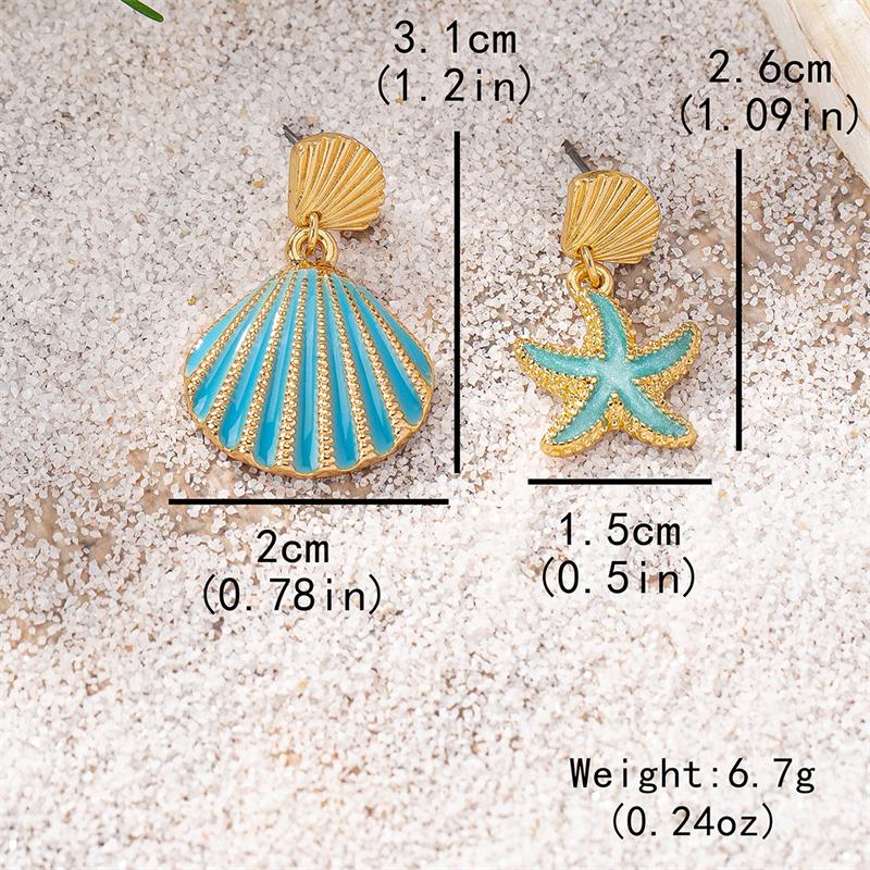 Orecchini Asimmetrici Estivi da Spiaggia con Conchiglia di Metallo, Stella Marina e Smalto Dolce, Orecchini Pendenti a Forma di Conchiglia, Gioielli Regalo per le Vacanze per Ragazze