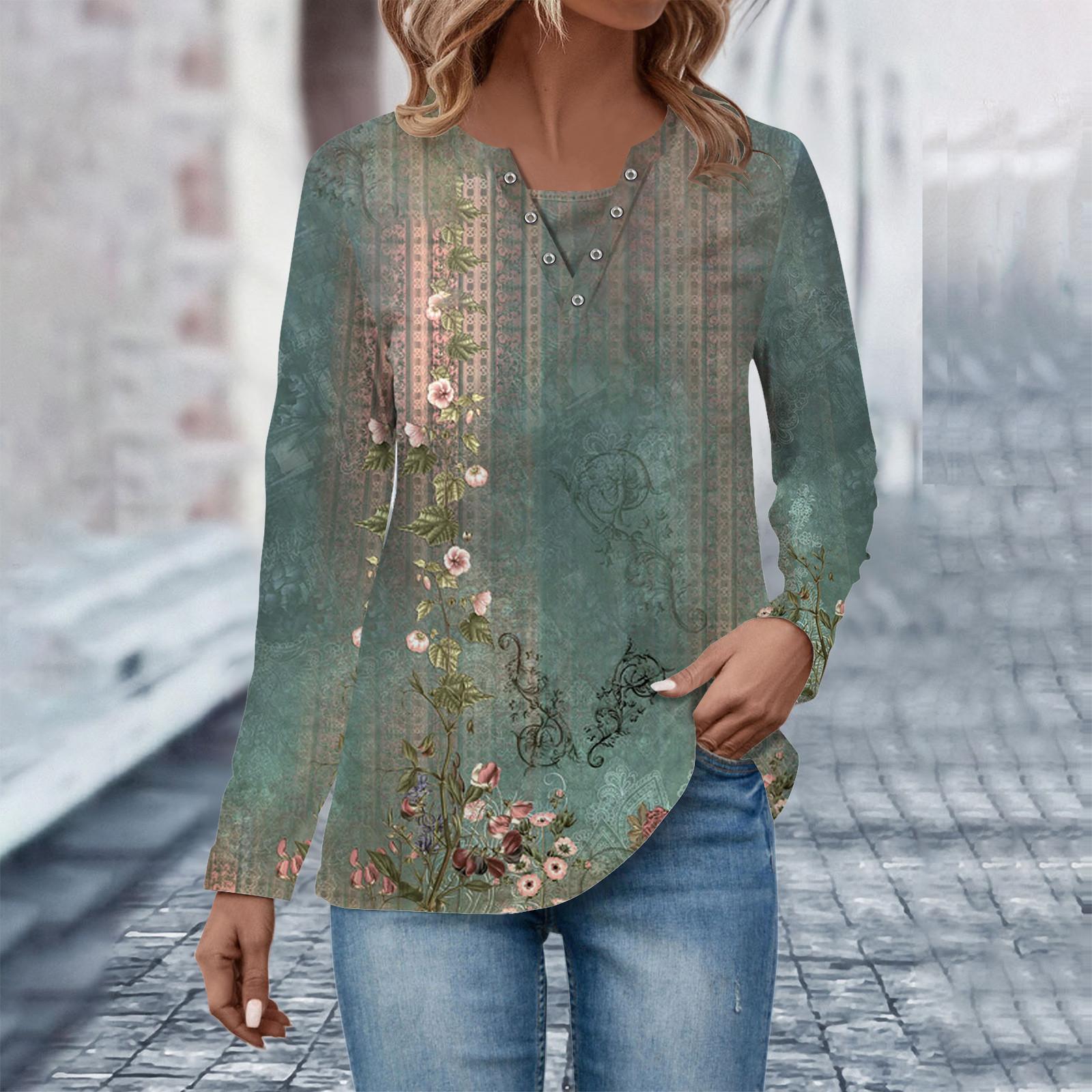 

Женская повседневная модная винтажная толстовка с длинным рукавом и v-образным вырезом с принтом, многослойный пуловер, топ XL армия зеленый