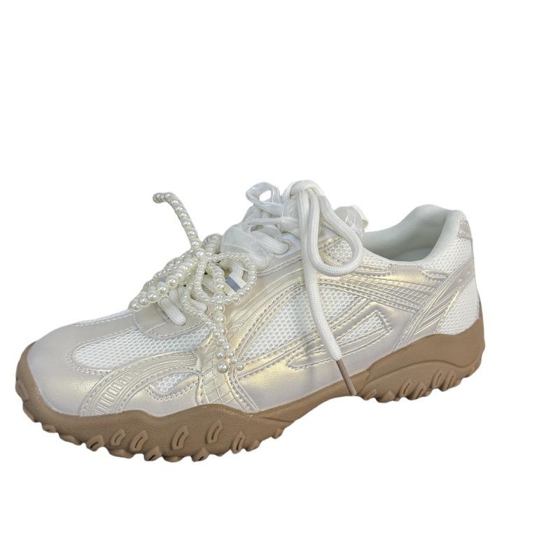 Mesh Damen Frühling und Sommer dicke Sohlen erhöhen die Höhe, leichte und atmungsaktive Schnürung Perle Leder Freizeitschuhe