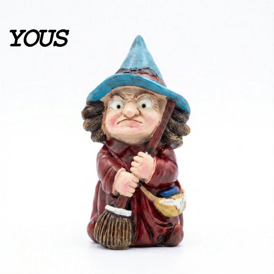 Halloween Party Decoration Witch on Broomstick Resin Figurine, Gnome Statue with Wizard Hat, For Shelf Vintage Spooky Decor for Desk Table,