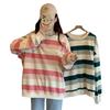 Stripes Clashing Color Loose Long-sleeved T-shirt Women Autumn Winter Thin Section Round Neck Sweater Female Student Tops Retro Versatile Sweatshirt