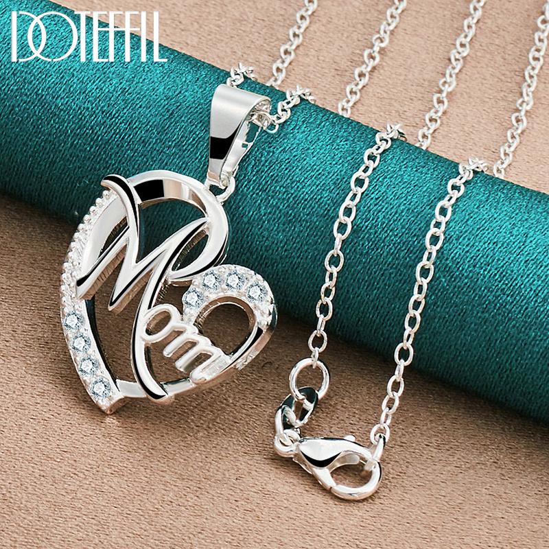 

DOTEFFIL 925 Sterling Silver 18-30 Inch Chain AAA Zircon Mom Heart Pendant Necklace For Woman Wedding Party Charm Jewelry 40cm