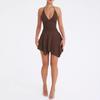 Womens Deep V-Neck Halter Backless Wrap Tie Dress With Ruched Detail Asymmetrical Hem