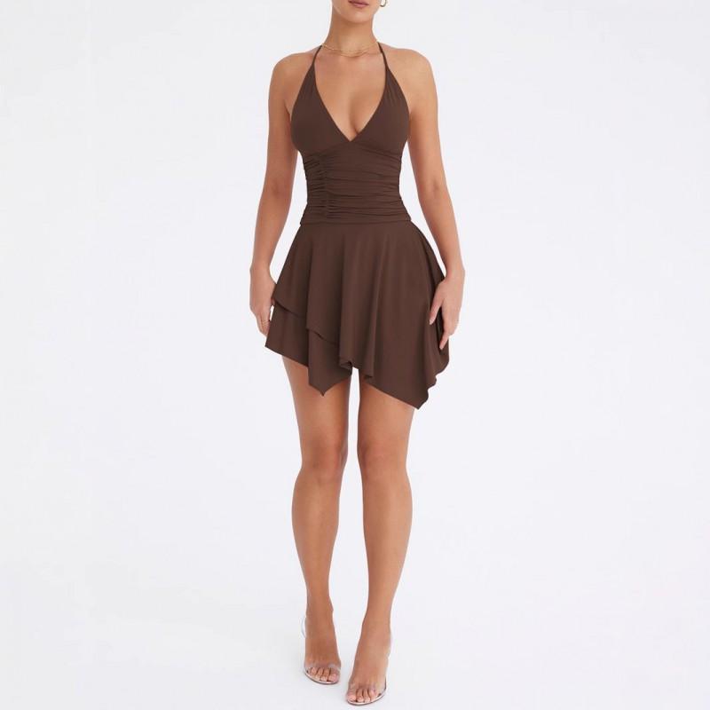 Womens Deep V-Neck Halter Backless Wrap Tie Dress With Ruched Detail Asymmetrical Hem