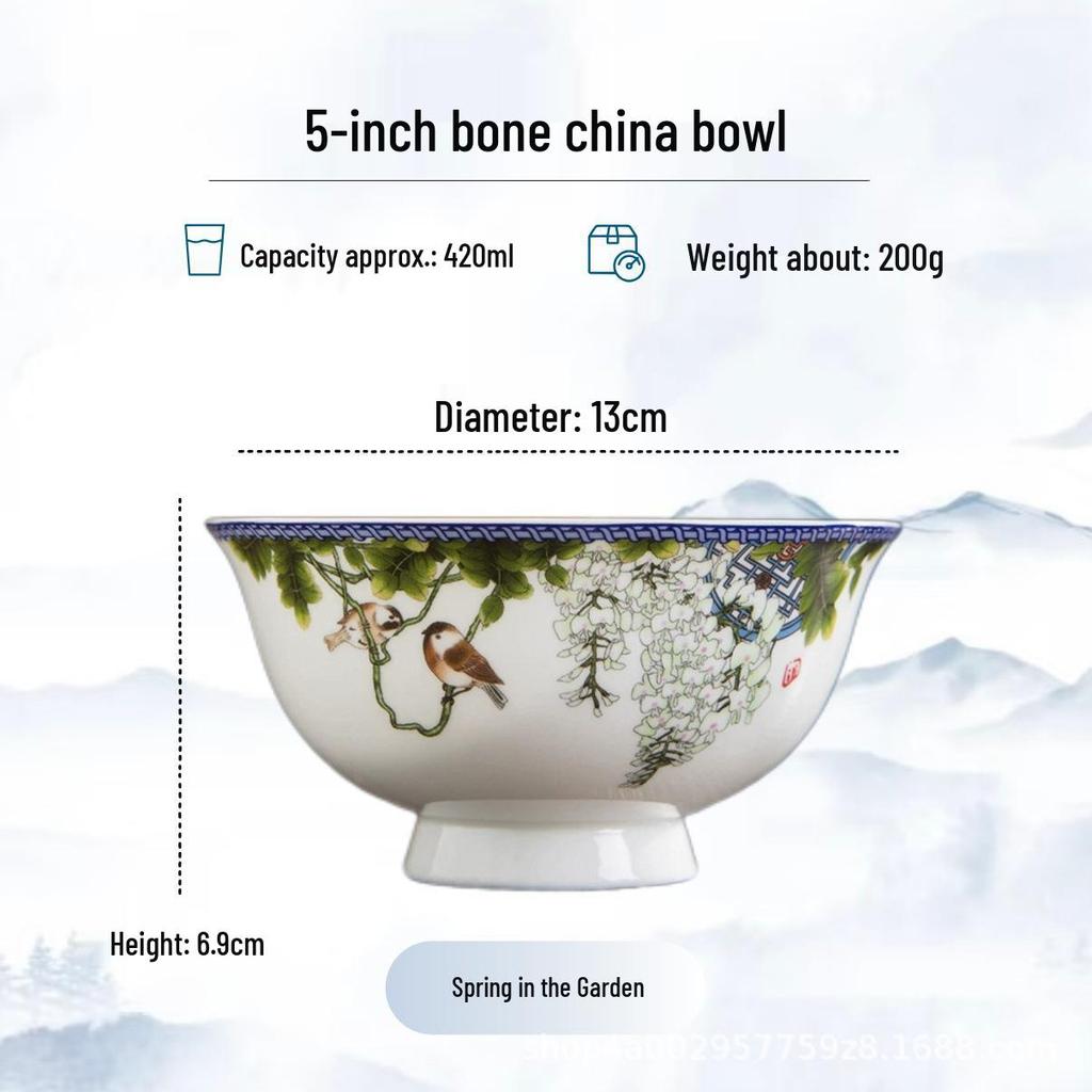 Blue and White High-Foot Bone China Noodle Bowl - Chinese-Style, Anti-Scald, Customizable for Birthdays