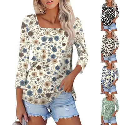 Camisa para moda feminina casual gola quadrada manga 3/4 solta estampada camiseta feminina top