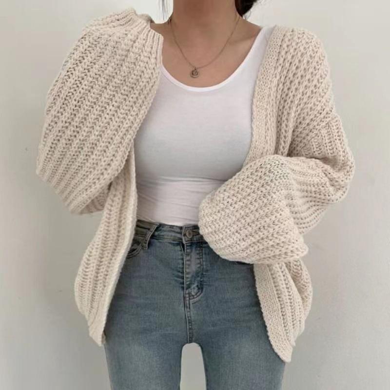 Thick thick needle sweater women's autumn and winter coat women's lantern sleeve knitted cardigan solid color versatile lazy style
