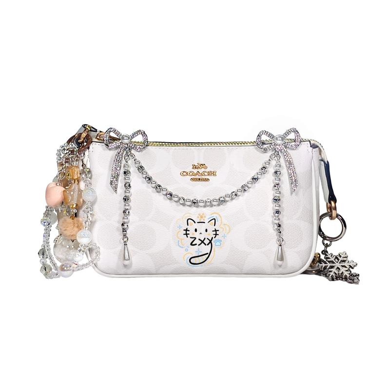 

COACH shoulder bag [Customized bag] Nolita 19 Flower Shadows in the Clouds Hand-painted Pink Flower Silk Scarf Bow Pearl Chain Crossbody kitten рожевий