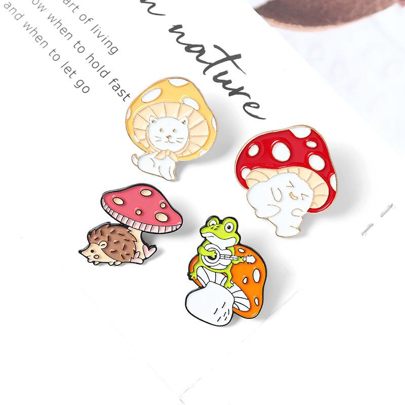 Cute Cartoon Mushroom Animal Brooch Pin Featuring Adorable Cat Hedgehog And Frog Designs
