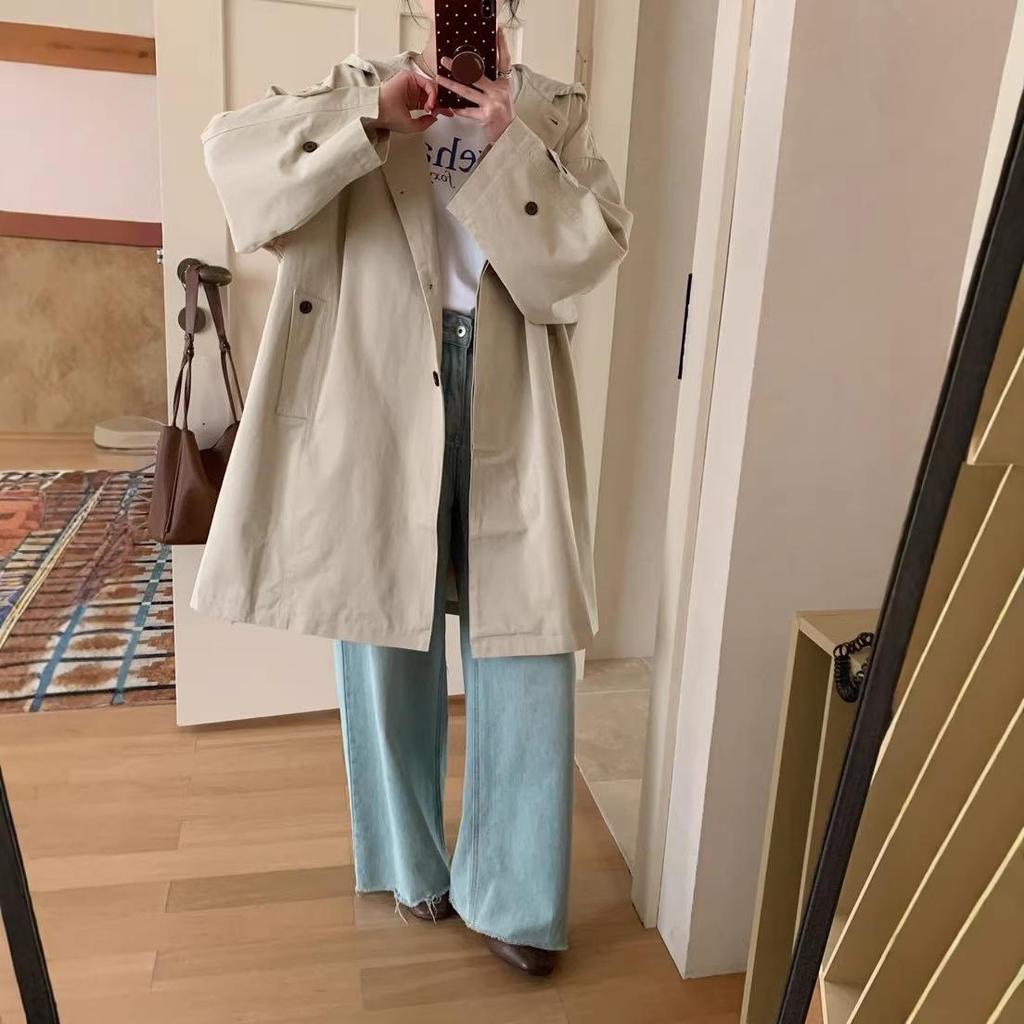 2026 Spring Korean Style Women's Hooded Windbreaker: Simple, Fashionable, Plain, Single-Breasted, Casual Mid-Length Jacket