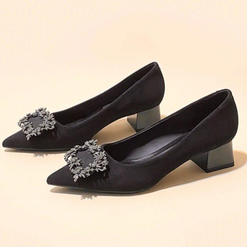 

Туфли-лодочки с острым носком, на мягкой подошве, черные, на высоком каблуке, весенние, новые, со стразами, на толстом каблуке, одинарные туфли, женские, на среднем каблуке 40 чёрный