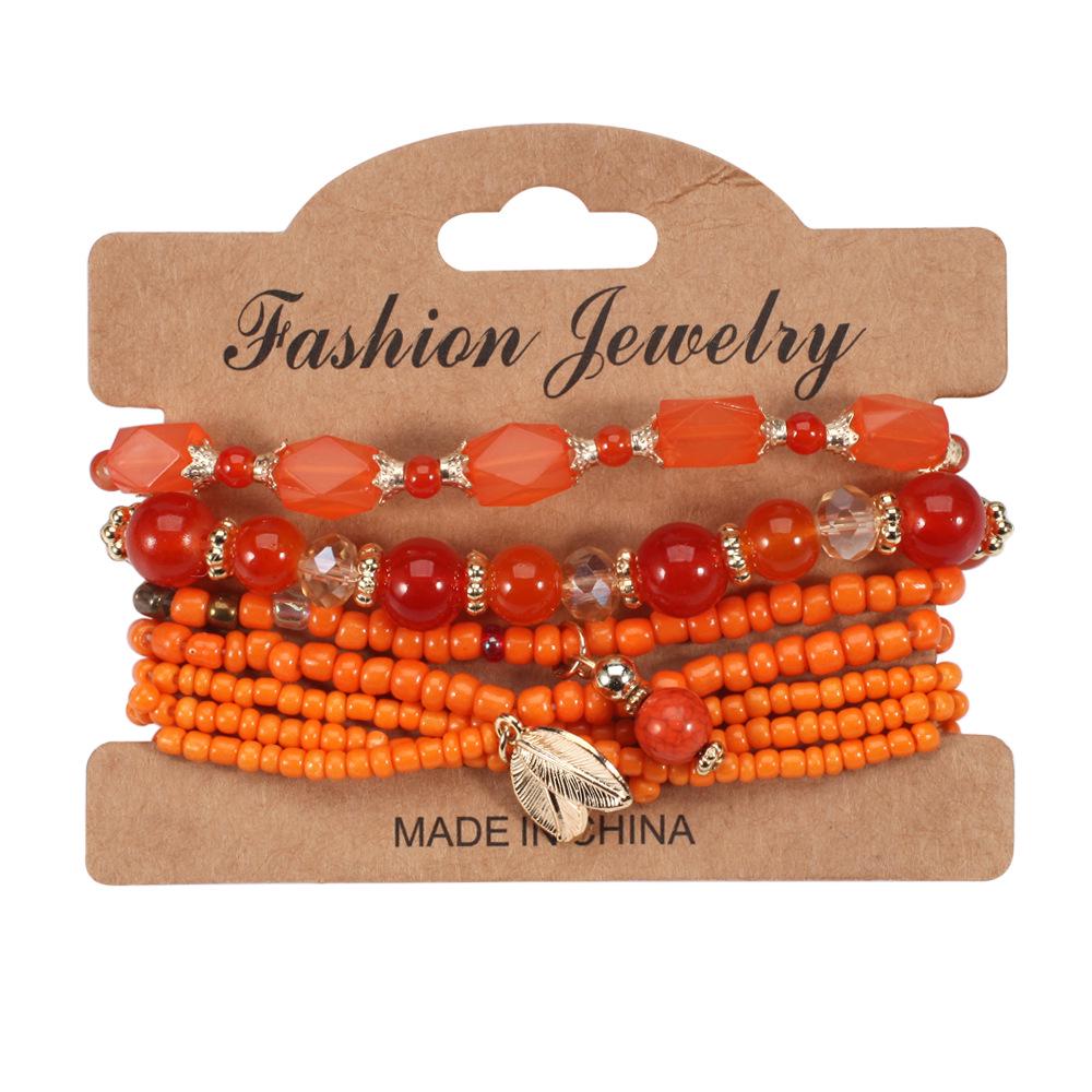 Bohemian Multi-Layer Beaded Leaf Charm Stretch Bracelet for Women