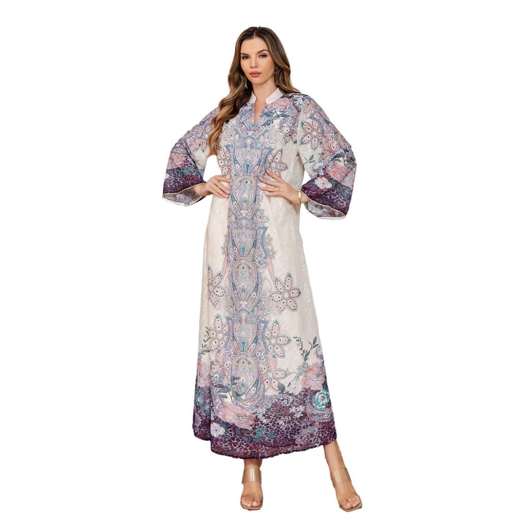 New Arrival Mesh Printed Beaded Maxi Dress, Wholesale Casual Party Long Dress for Events