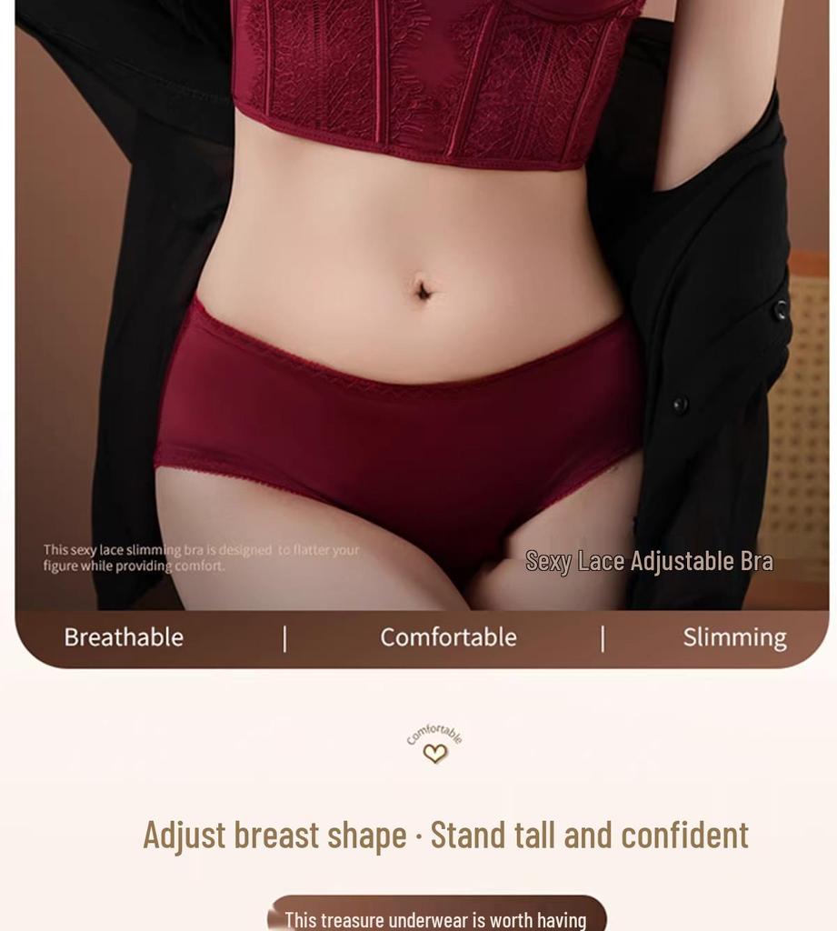 Red Push-Up Bra Set: Six-Button Adjustable, Anti-Side-Boob, No Underwire, Small Bust Enhancement