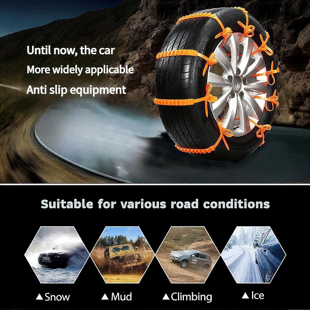 Universal Anti-Skid Snow Tire Cha, Emergency Traction Cables For Cars SUVs Trucks, Reusable Winter Safety Cha For Snow Ice Mud, 145-295Mm Tires (10)