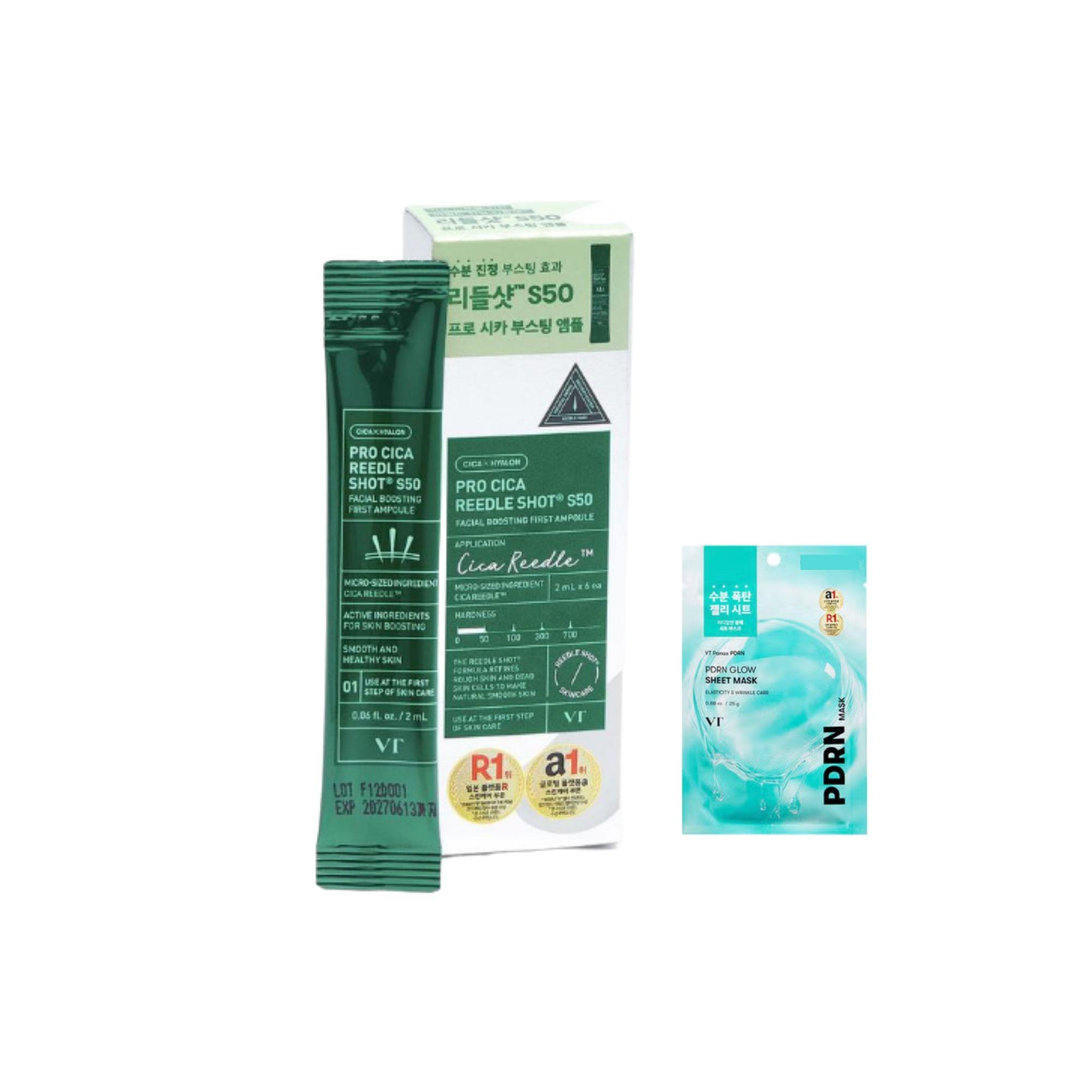[VT Cosmetics] Cica Reedle Shot S50 (2ml*6ea) + PDRN Glow Mask (1ea) Set - 2-Step Skin Boosting & Radiance Routine
