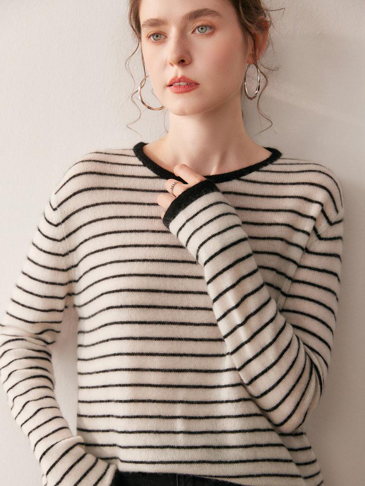2025 Autumn/Winter Women's Color Block Stripe Cashmere Sweater - Loose Knit Round Neck Long Sleeve Fashion Base Layer
