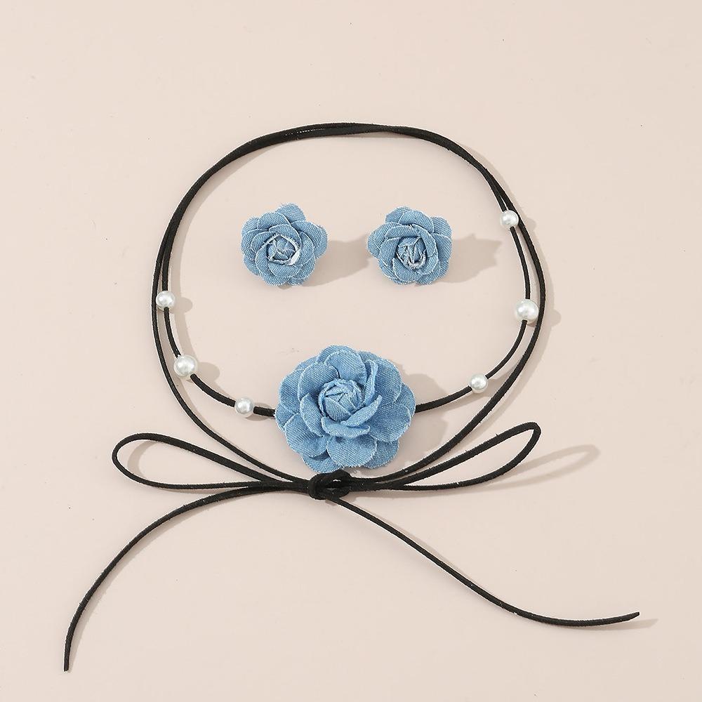 

2PC Denim Camellia Beaded Tie Necklace & Earrings Set for Women Fashion Jewelry Gift синий