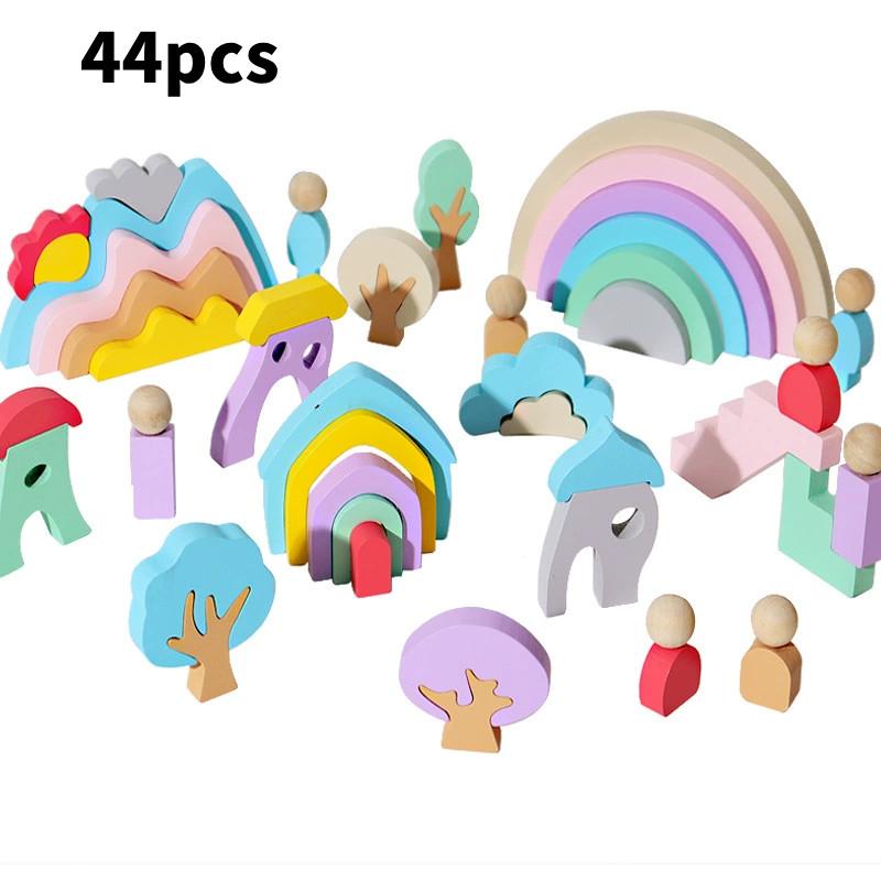 Early Wooden Learning Blocks With Rainbow Colors Kids Cognitive Skills Creative
