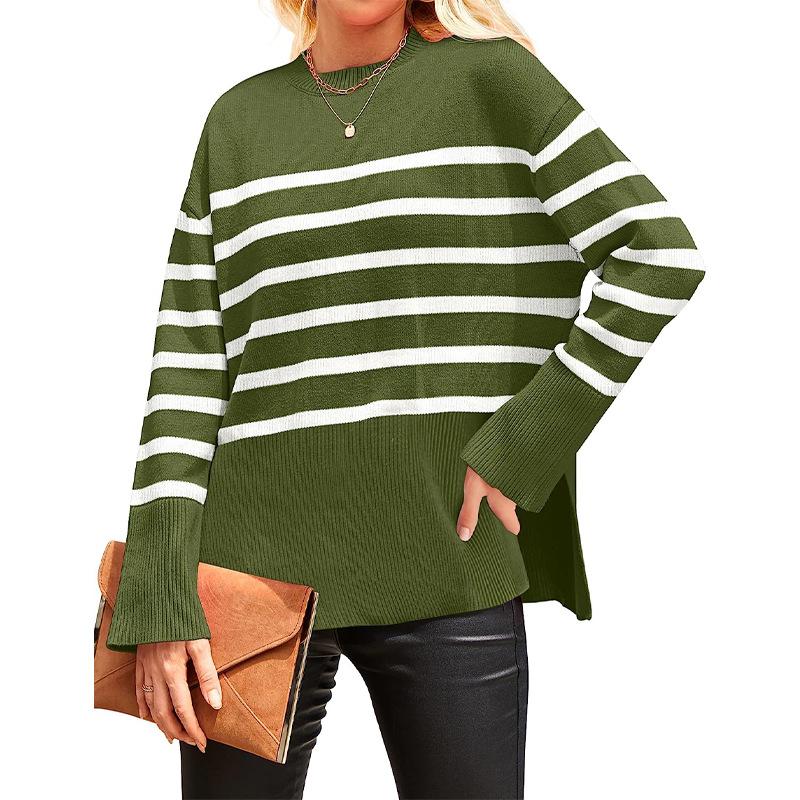 Dámské podzimní zima ležérní oversized svetr s dlouhým rukávem pruhovaný svetr s výstřihem ke krku žebrovaný úplet s bočním rozparkem svetr