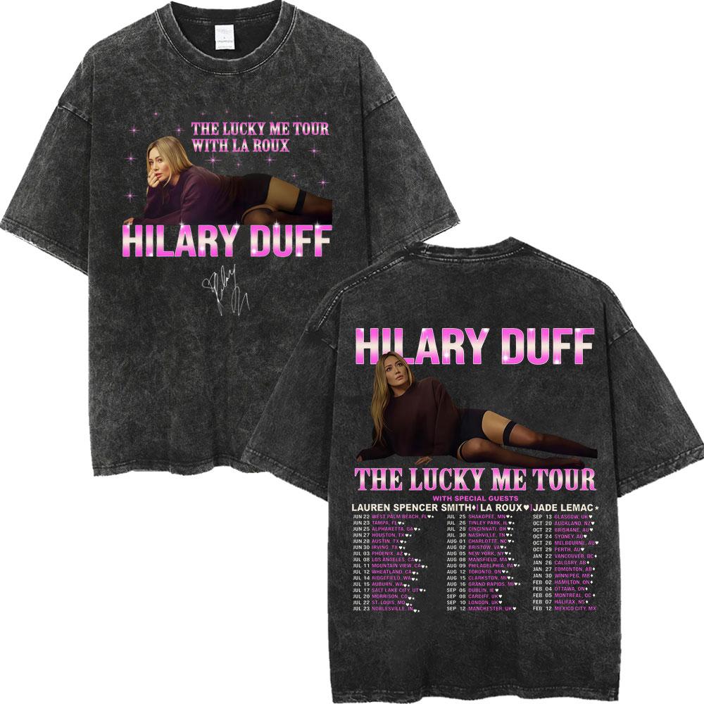 Hilary Duff The Lucky Me Tour Vintage Washed Tshirt Fashion Aesthetic Short Sleeve Tshirts Men Women Casual Loose T Shirt