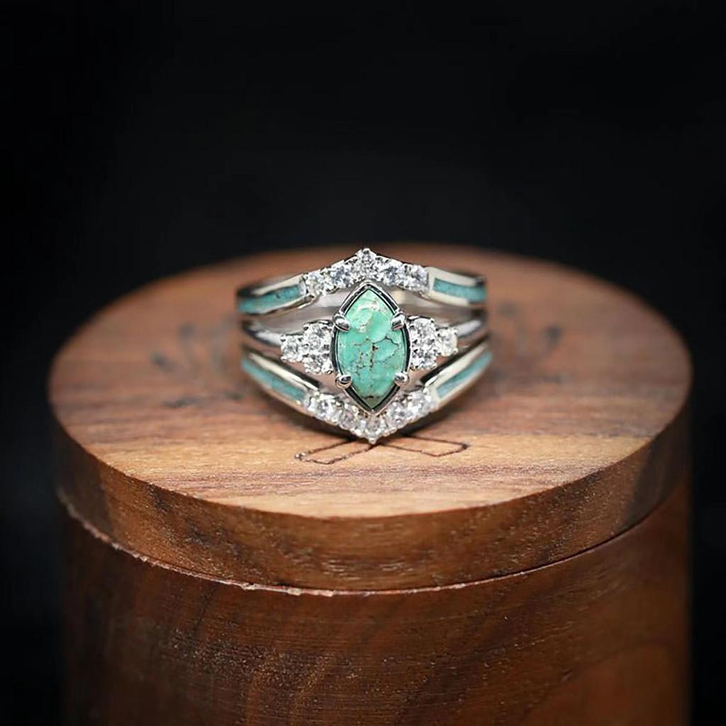 European & American Creative Turquoise Inlaid Diamond Women's Three-Piece Ring Set