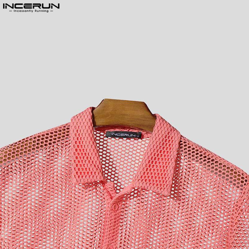 INCERUN Letní pánská trička s klopou, krátkým rukávem a dutým designem na pláž