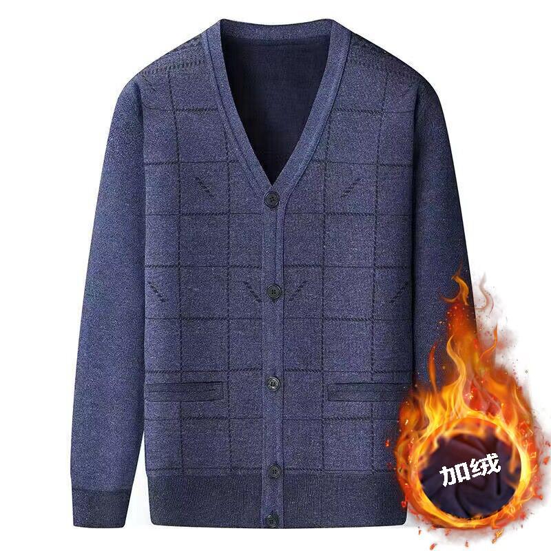

Men s V-Neck Knit Cardigan Sweater: Autumn-Winter Plus Velvet, Thickened, Loose Fit for Middle-aged & Elderly L