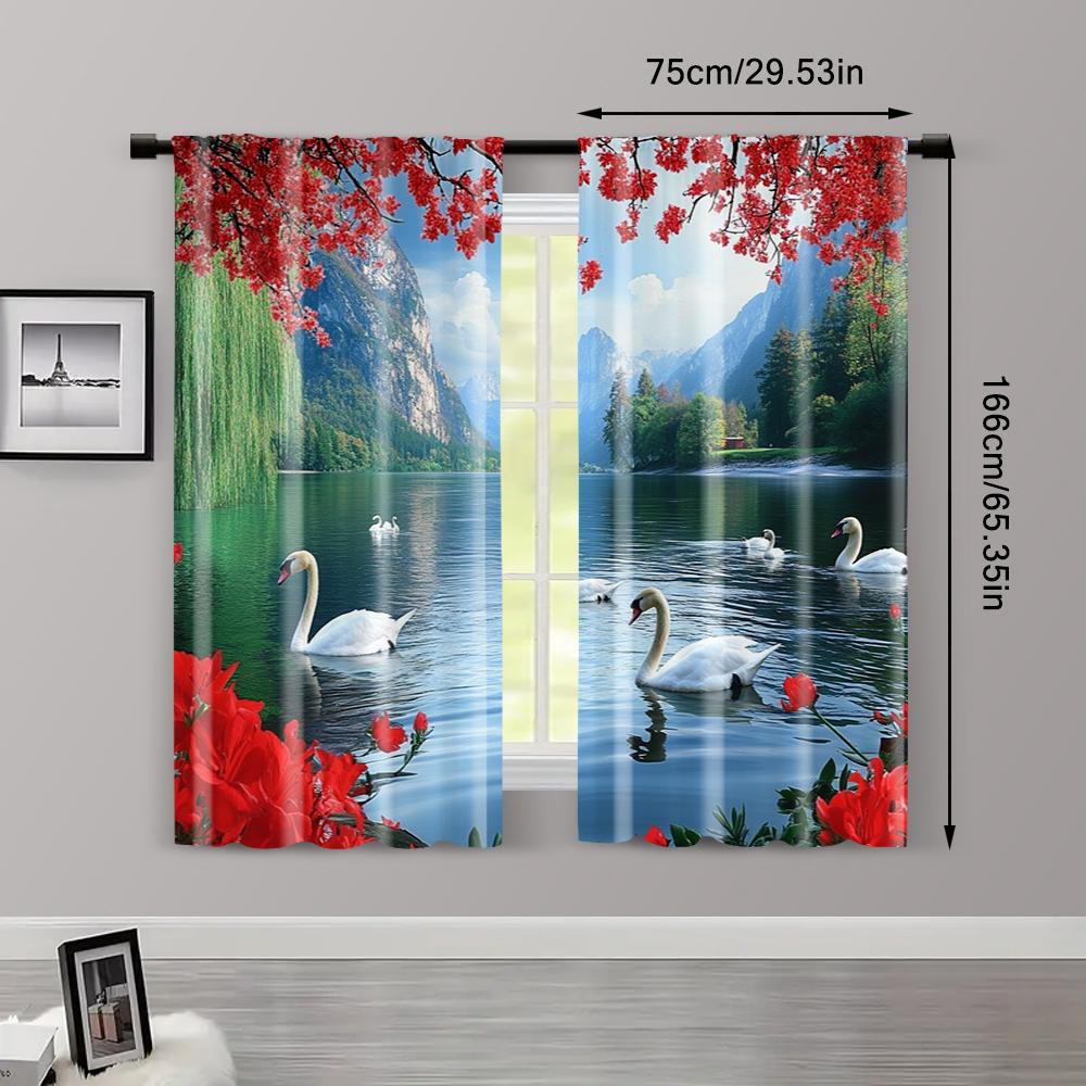 2pc,  Curtains The picturesque forest_ Swan Lake_ seagulls_ fish_ and red blooming flower party Versatile 100% Polyester,Without