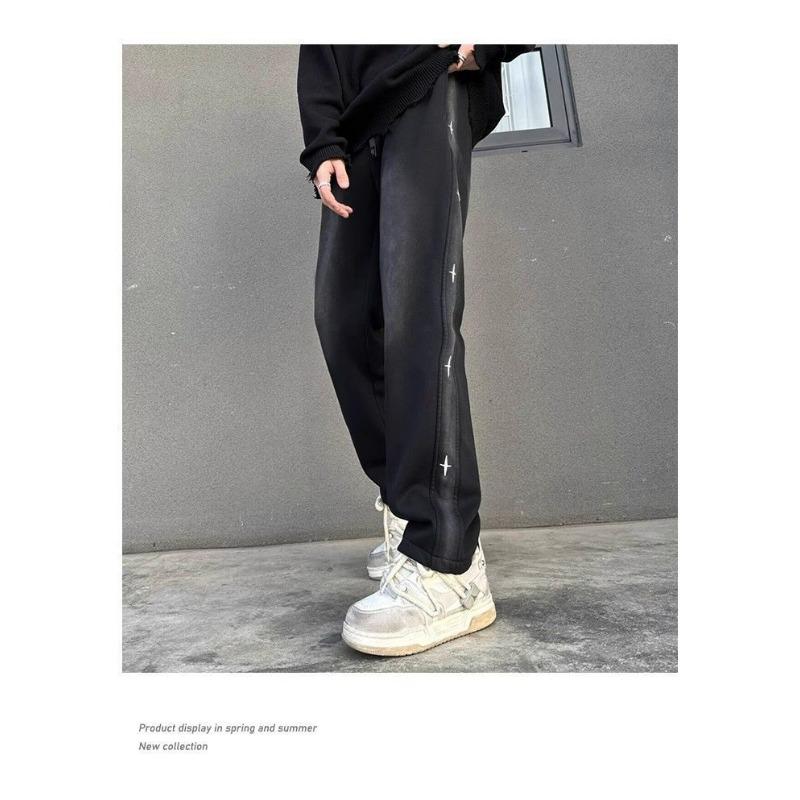 Men's American Patchwork Distressed Autumn Winter Loose Straight Wide-leg High Street Versatile Casual Trousers