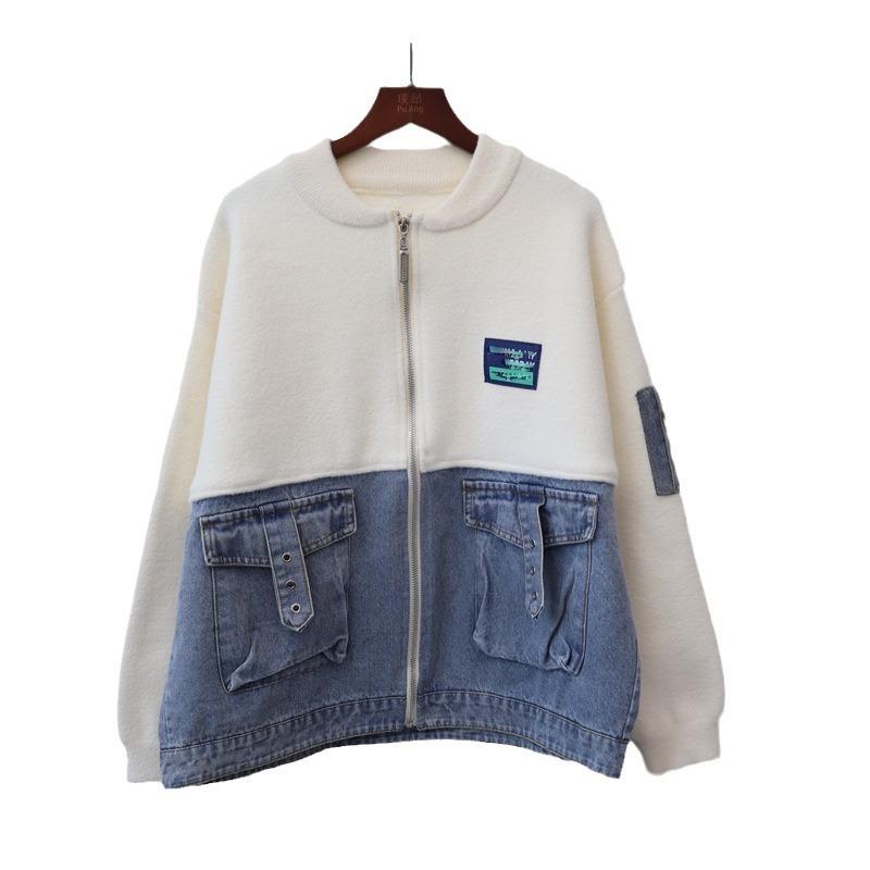 Spleiß-Denim-Strick-Doppelseitiger Cardigan Herbst und Winter Neu Lockerer Baseball-Trikot-Pullover Jacke Damen