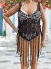 Summer Casual Hollow Out V Neck Bikini Blouse Women Design Sexy Loose Sleeveless Lace Up Sling Top Female Vintage Patchwork Tassels Off Shoulder Tops