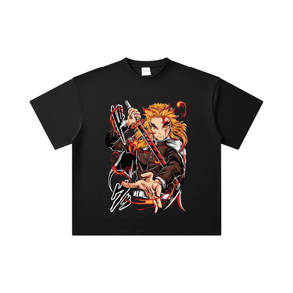 260 GSM Double Yarn 32 Count 100% Cotton Demon Slayer V85 Rengoku Print Unisex Heavy Cotton T Shirt