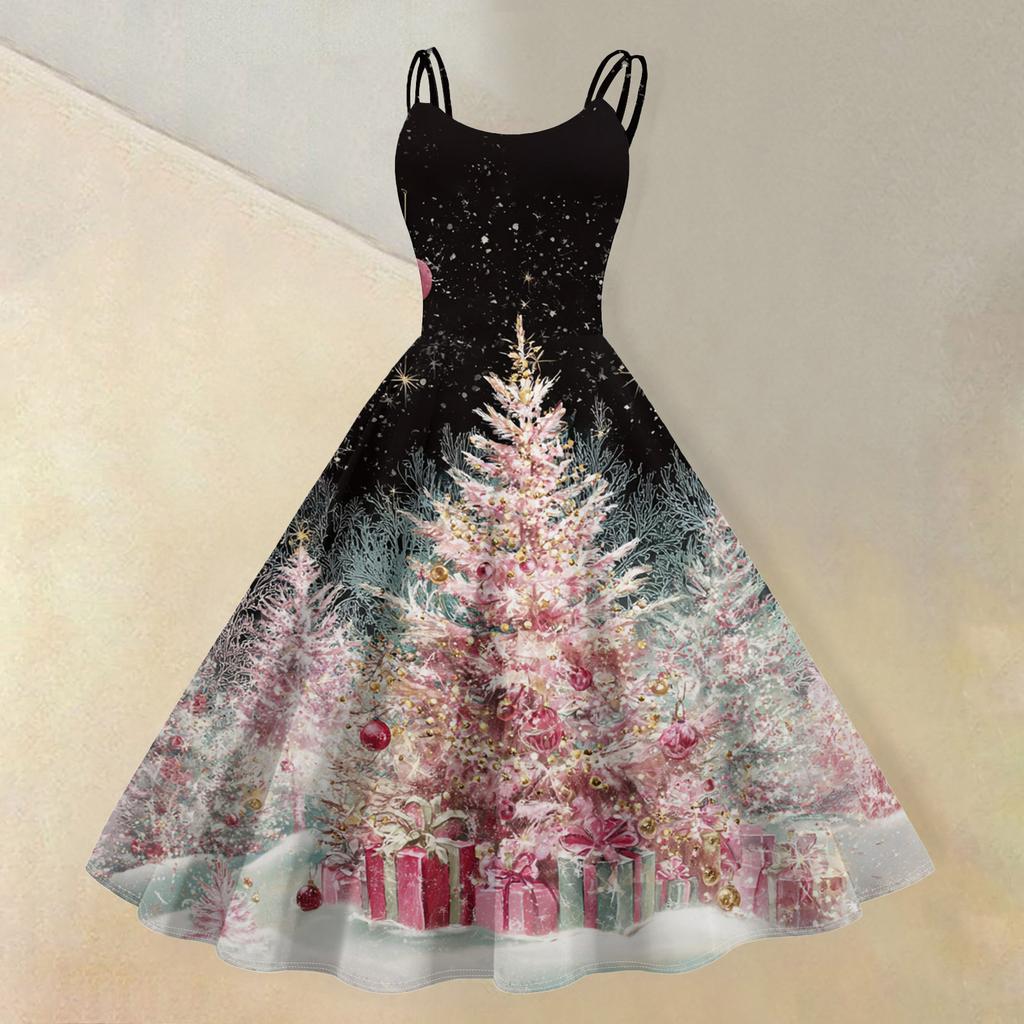 (Merry Christmas) Women's Casual Fashion Christmas Snowflake/Christmas Tree/Snowman Print Round Neck Retro Dress